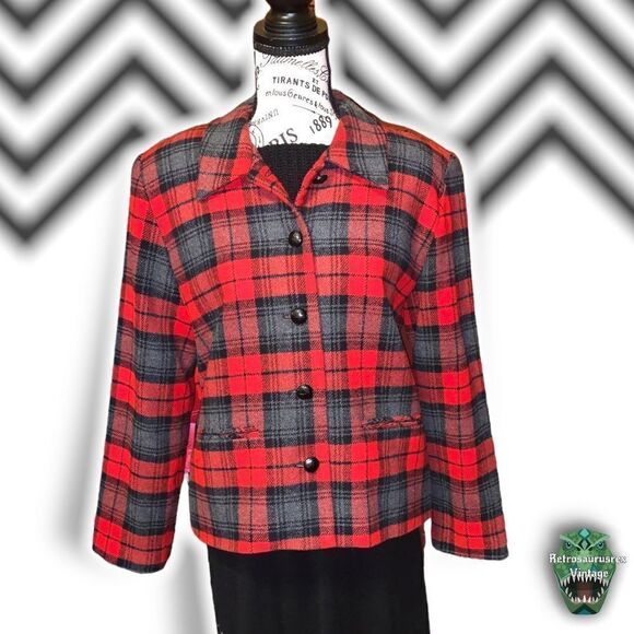 VINTAGE 1990’s Quirky Twee Tartan Plaid Wool 49er Style Blazer Jacket, Size 12P - Picture 5 of 10